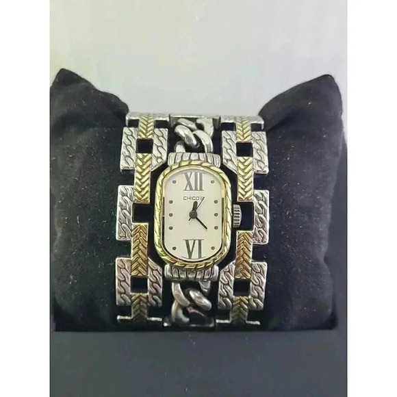 Chico's Accessories - Womens Chicos 37mm Wide Hinged Bangle Watch Gold & Silver Tone New Battery